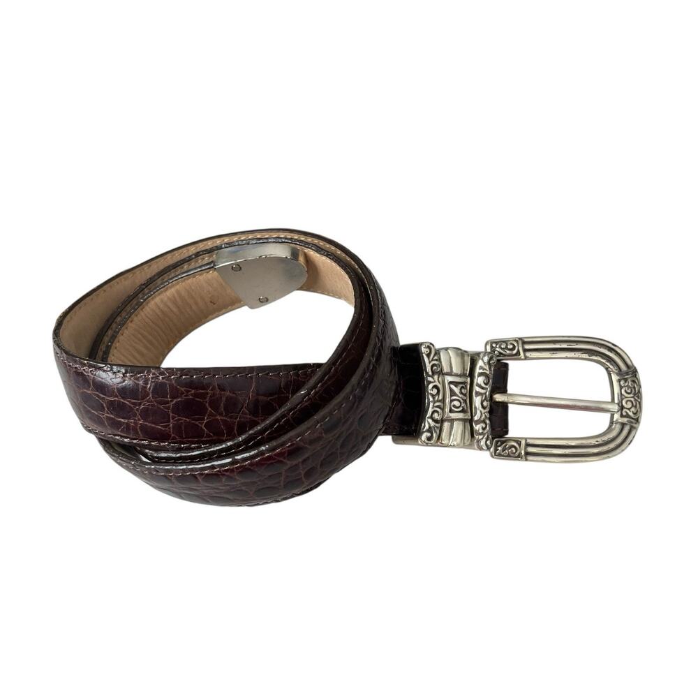 Vintage Brighton Dark Brown Belt Size S 28 Embossed Croc USA C7208 Silver Tone